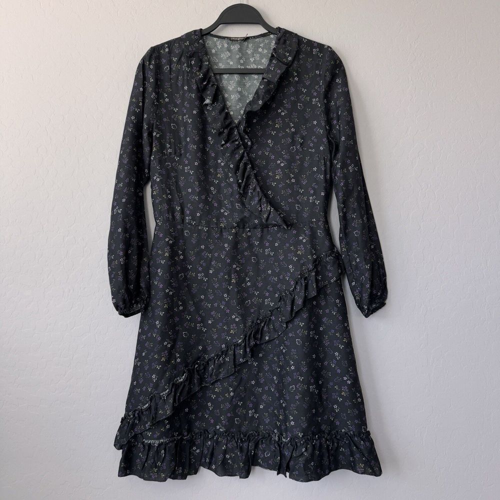 J.McLaughlin Size 6 Black Purple Floral Ruffle Long Sleeve‎ Dress